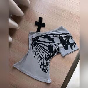 🤍 NIB INAWLY Butterfly Printed Exposed Shoulder T-Shirt Womens Size XXL